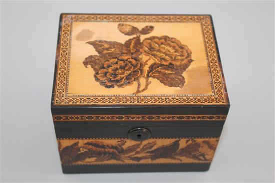 A Tunbridge ware coromandel flower bouquet tea caddy, 8.5in.